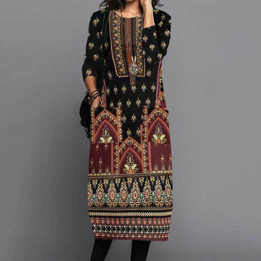 Comfortable Long-sleeve Round-collar Dress - Velora