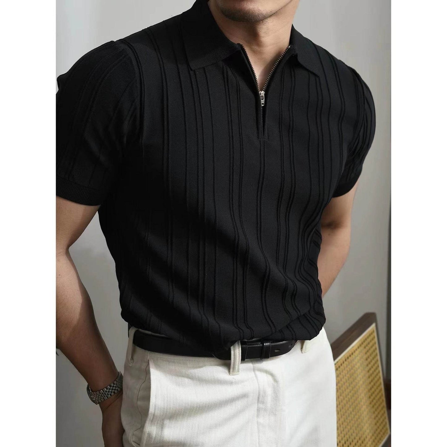 Zipper Knitted Short-sleeved Polo Shirt Men's Loose Lapels T-shirt - Velora