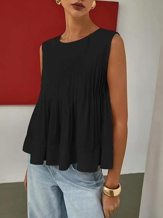 Pleated Peplum Round Neck Sleeveless Top - Velora