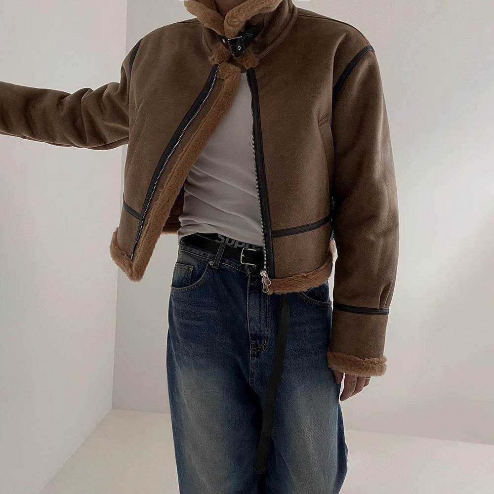 South Korea Fur Integrated Cotton Coat Loose Suede Lambswool Leather Jacket - Velora