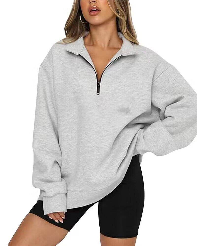Women Sweatshirts Zip Turndown Collar Loose Casual Tops Clothes - Velora