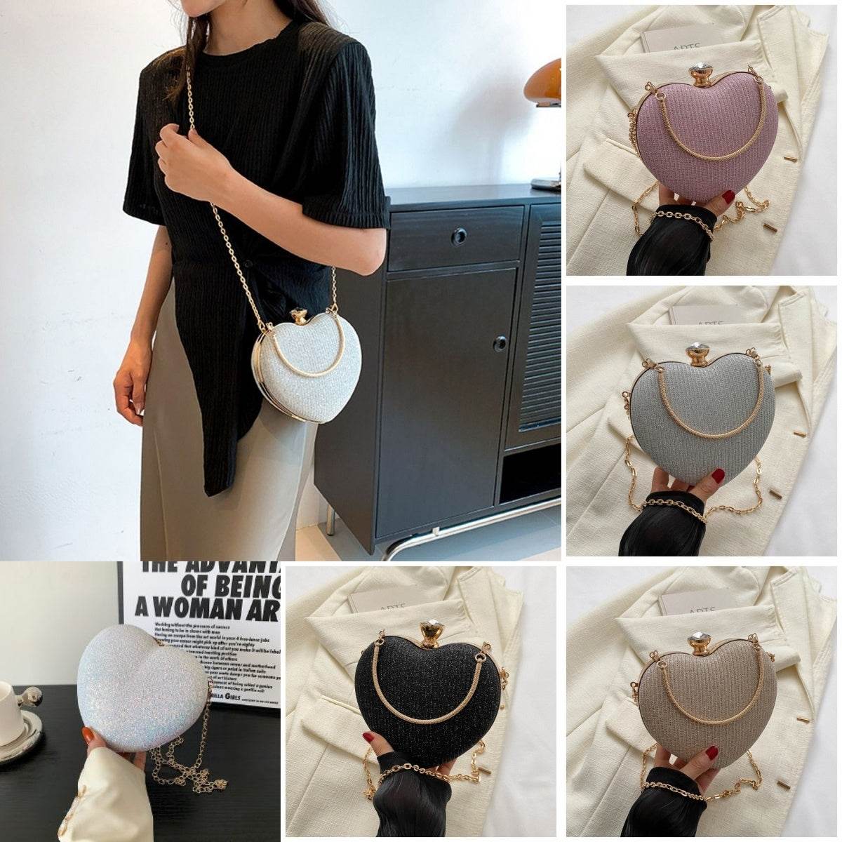 Evening Clutch Bag Women Bag Shiny Handbag Heart Shape Metal Clutches Bag Fashion Chain Shoulder Crossbody Bag Luxury Lady Purse Valentines Day Outfit - Velora