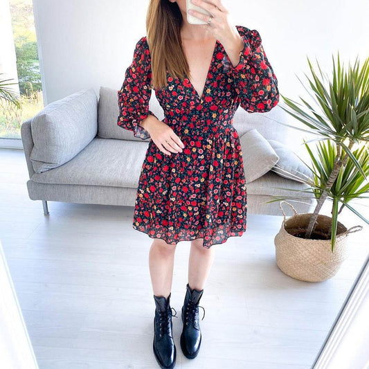 Spring Summer V-neck Long sleeve Floral Mini dress - Velora