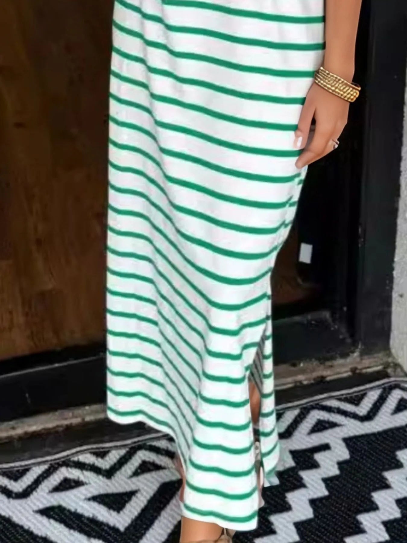 Full Size Striped T-Shirt Maxi Dress with Side Slit Plus Size - Velora