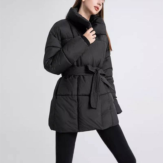 Winter Plaid Sewing Lapel Coat With Lace-up Design Fashion Loose Solid Thick Jacket Outerwear Women's Clothing - Velora