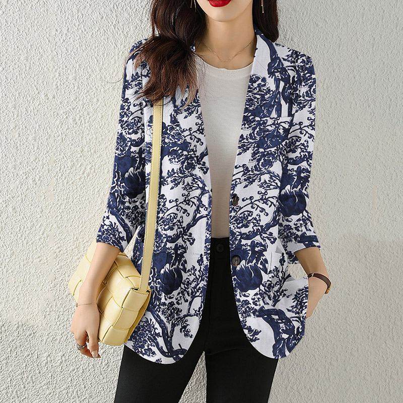 Women's Button Printed Long-sleeved Pocket Vintage Cotton And Linen jacket Blazer - Velora