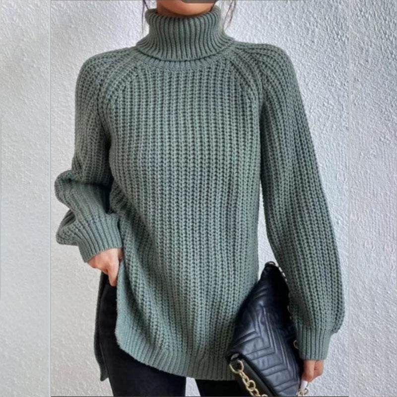 Turtleneck Pullover Sweater With Split Design Fashion Simple Solid Color Long Sleeve Tops Women's Clothing - Velora