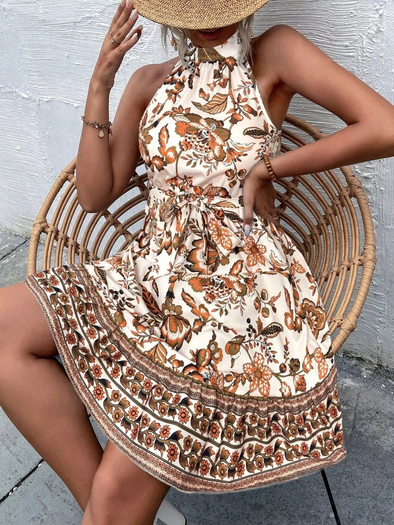 Floral Halter Neck Summer Dress with Belt - Velora