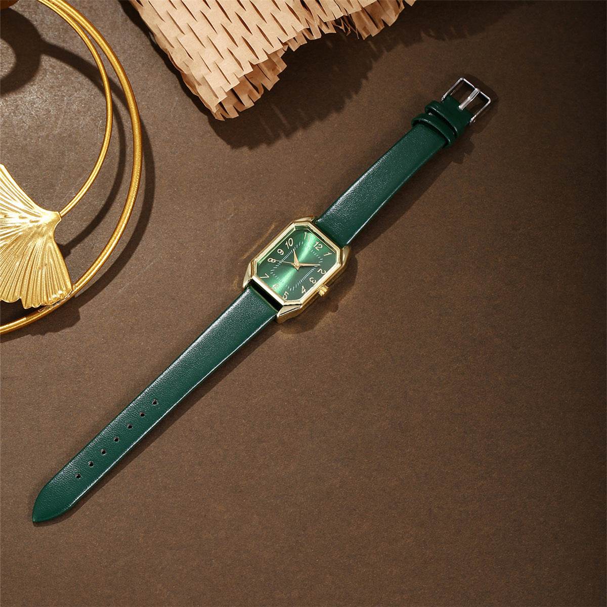 Leather Women's Watch Square Quartz Watch Korean Necklace Earrings Ring Set - Velora