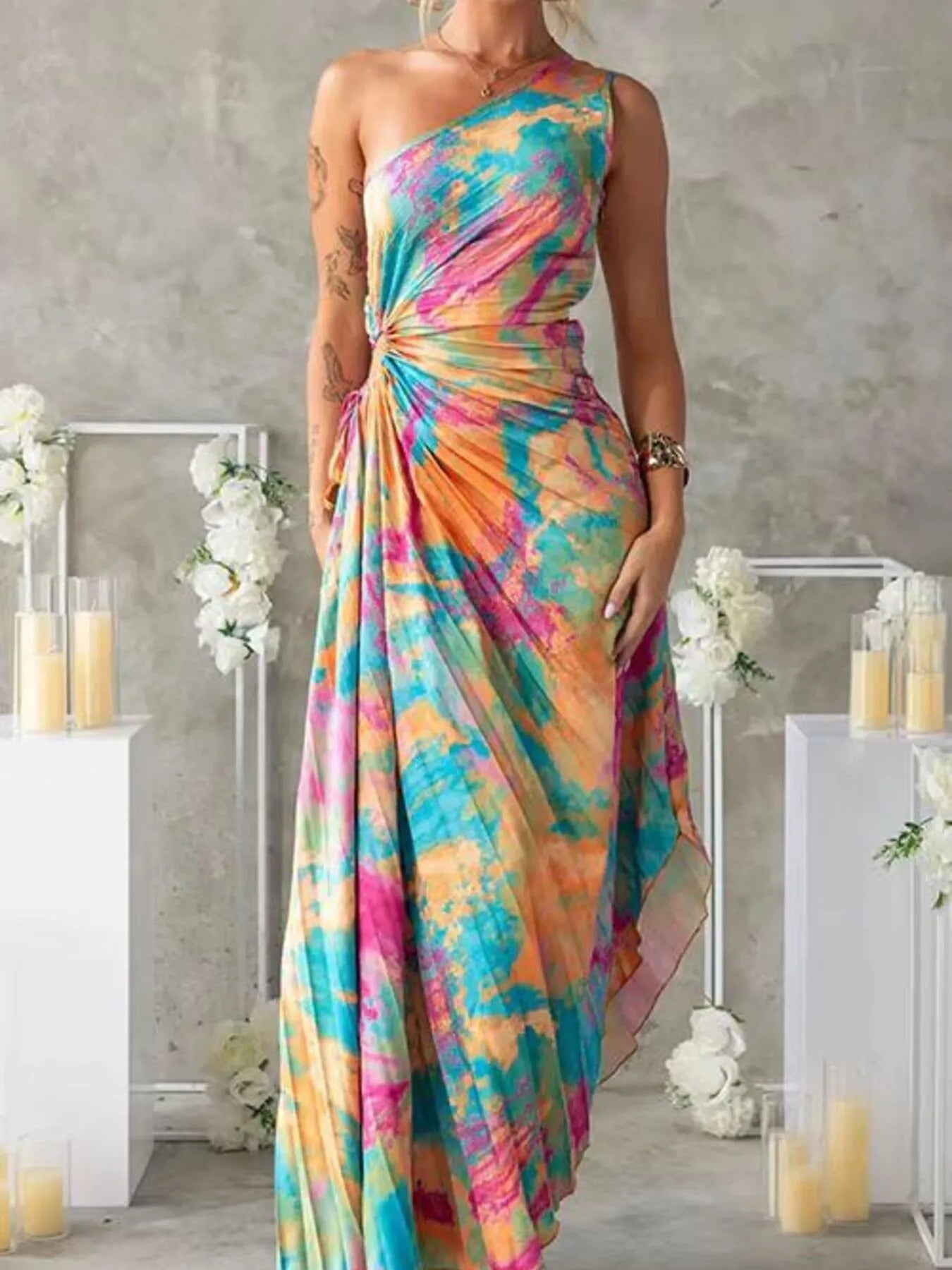 Printed One Shoulder Asymmetrical Maxi Dress - Velora