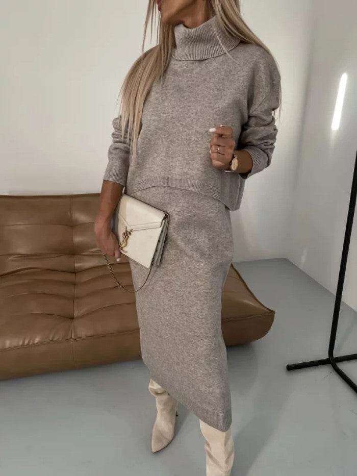 2pcs Sweater Suit Winter Fashion Turtleneck Pullover And Sleeveless Long Dress Womens Clothing - Velora