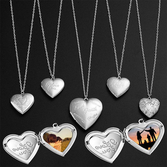 Carved Design Love Necklace Personalized Heart-shaped Photo Frame Pendant Necklace For Women Family Jewelry For Valentine's Day - Velora