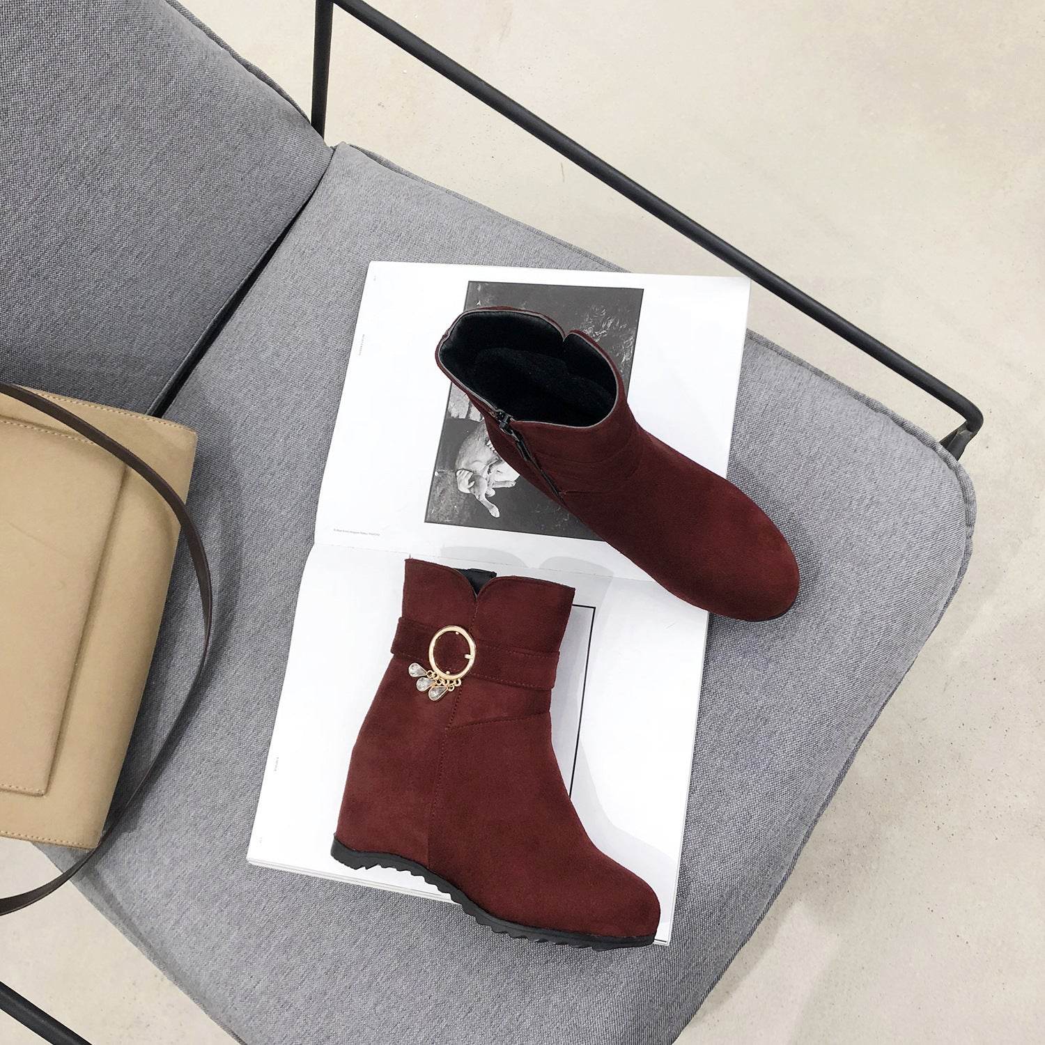 Fringed Round Toe Wedge Heel Winter Ladies Short Boots - Velora