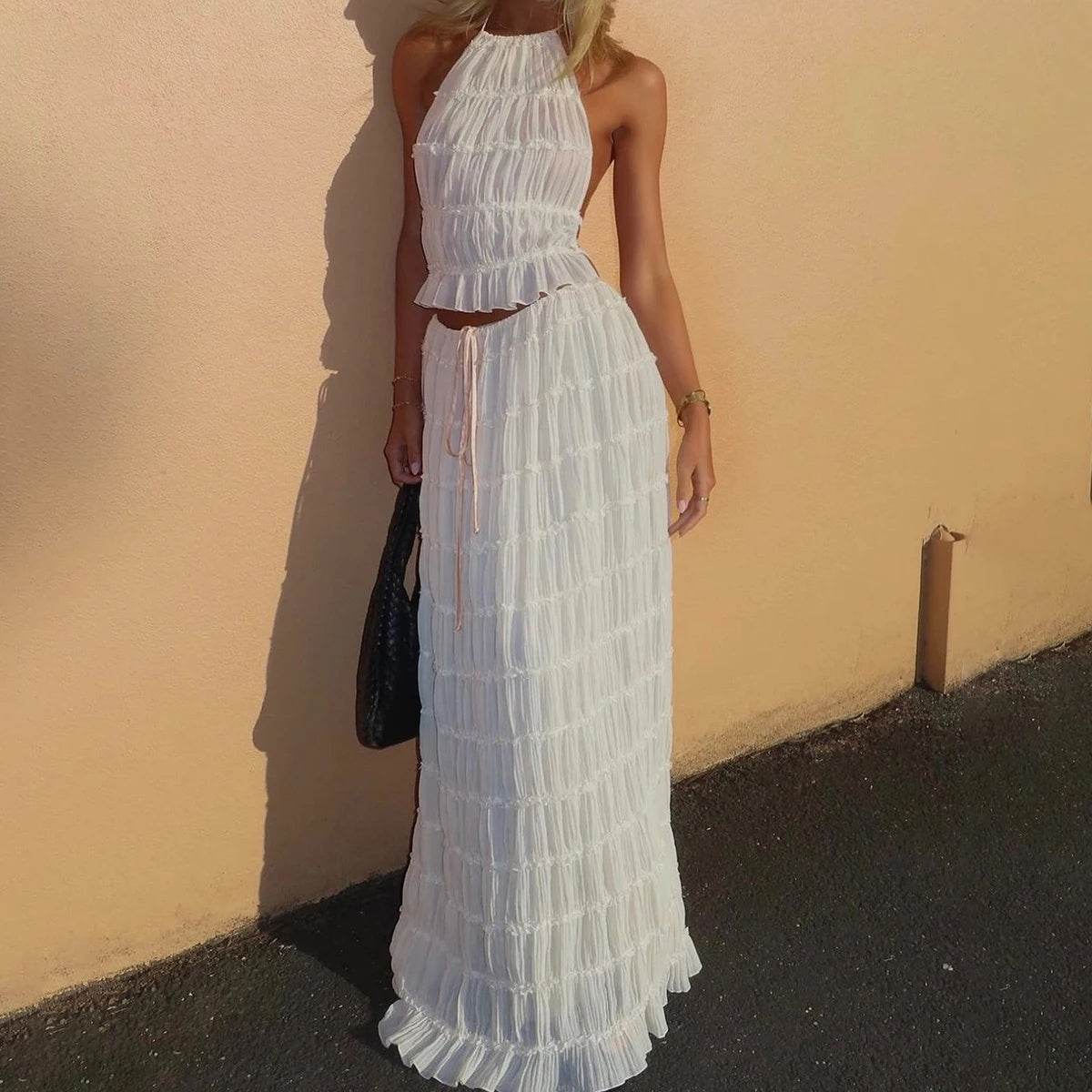2pcs Women's Dress Suit Sexy Sleeveless Backless Cropped Halter Top And Pleated Long Dress - Velora