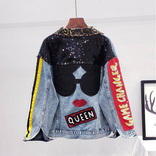 Single Breasted Embroidered Leopard Collar Denim Jacket Women - Velora