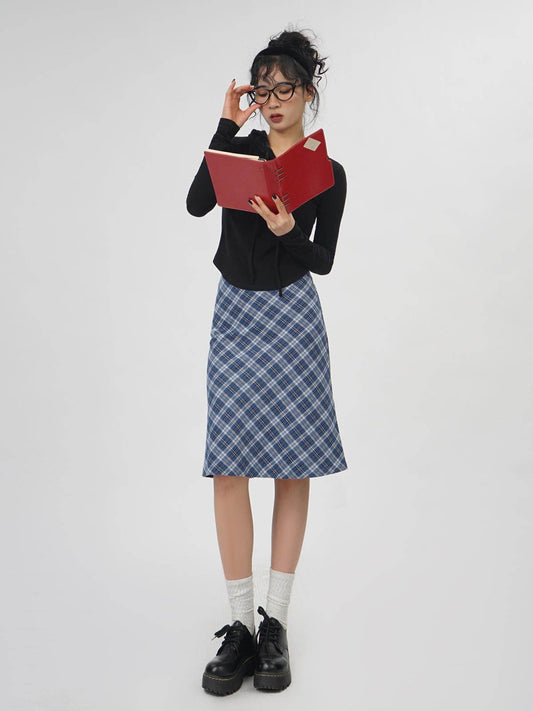 Plaid A- Line Skirt Women's High Waist student Midi Skirt - Velora