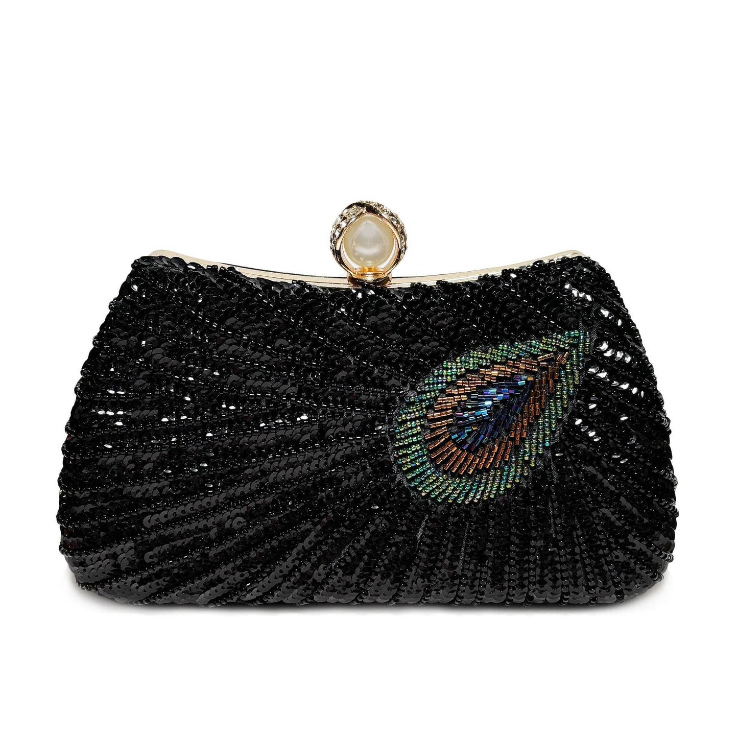 Beaded Peacock Feather Large Pearl Rhinestone Large Capacity Crossbody Shoulder Bag - Velora