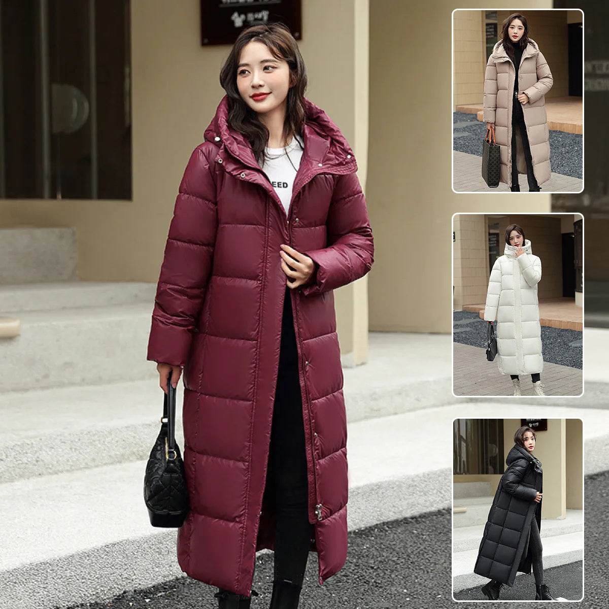 Women's Super Long Down Jacket Winter Puffer Thick Coat Black Red Hooded Zipper Keep Warm Fall Winter Casual Clothes - Velora