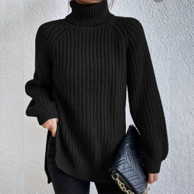 Turtleneck Pullover Sweater With Split Design Fashion Simple Solid Color Long Sleeve Tops Women's Clothing - Velora