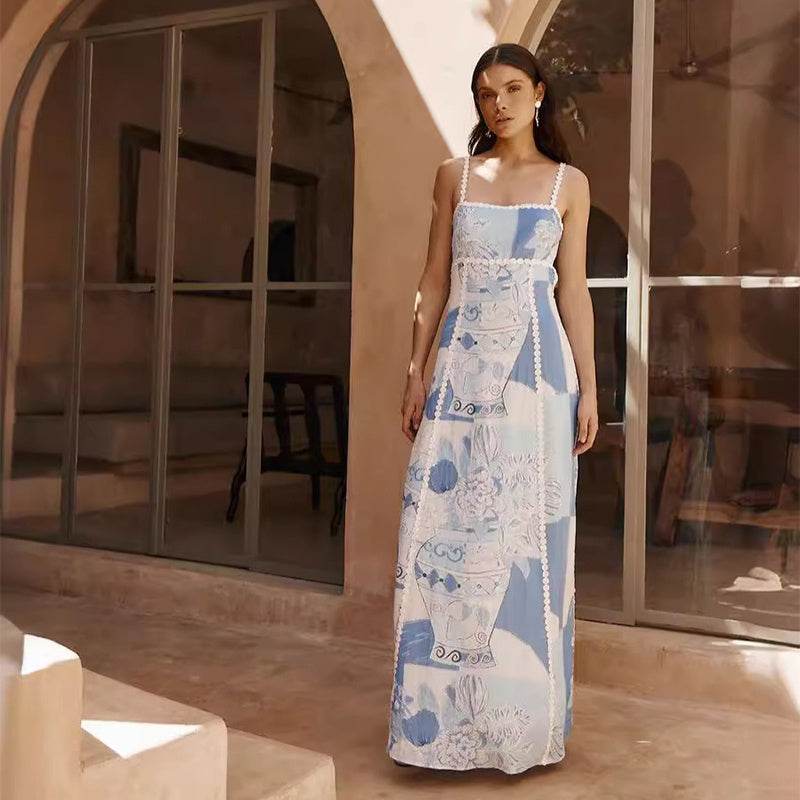 Flower Print Lace Sling Dress Sexy Backless Bow Suspender Long Dresses Womens Clothing - Velora