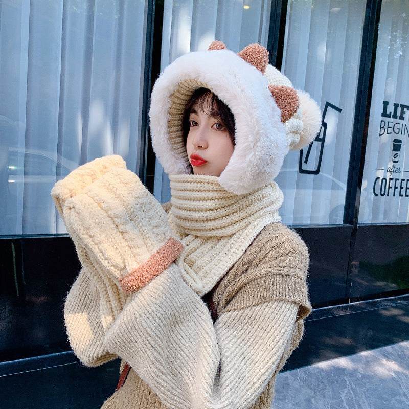 Winter Knitted Wool Scarf Hat Gloves In One Of Three Sets - Velora