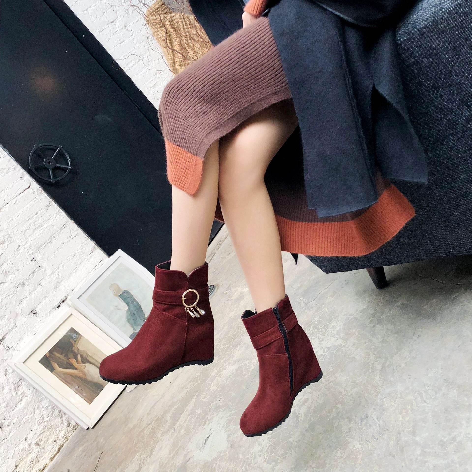 Fringed Round Toe Wedge Heel Winter Ladies Short Boots - Velora