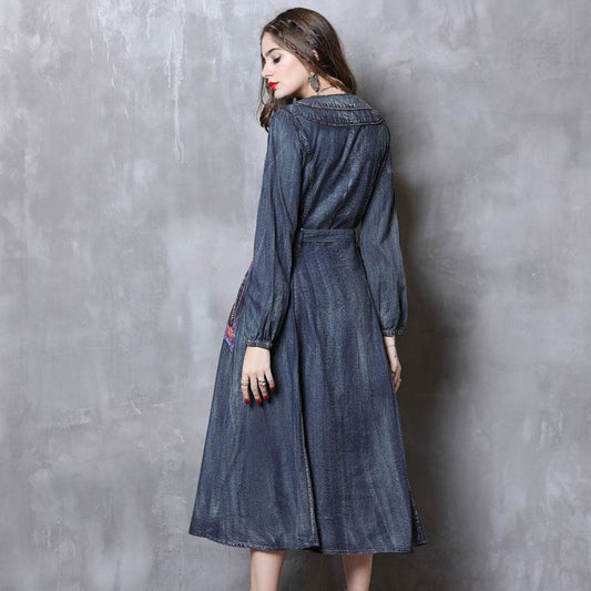 Elegant Classy Long Sleeve Denim dress with belt Flared Embroidered Jeans Dress