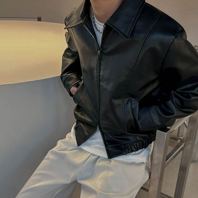 Cropped Leather Coat Male Polo Collar Top - Velora