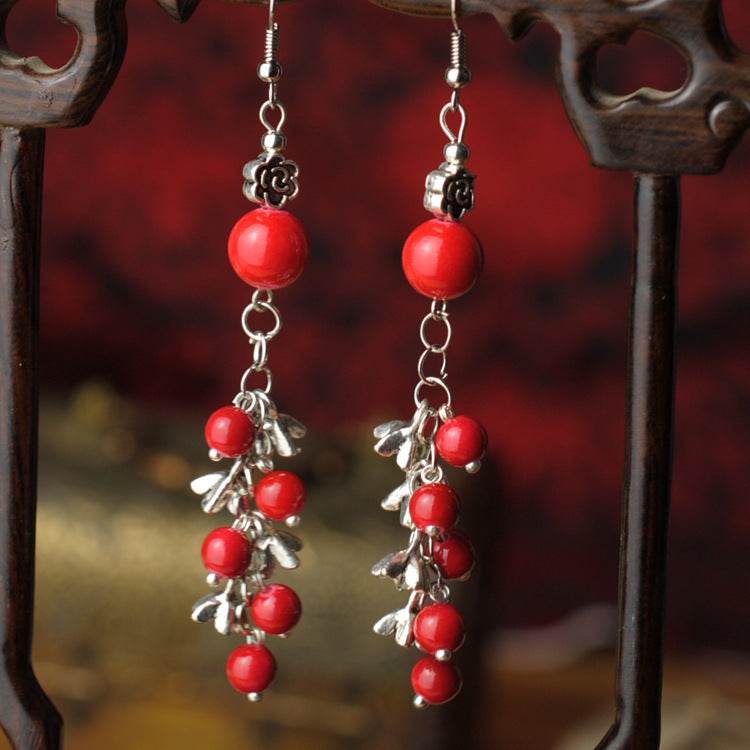 Ethnic Style Jewelry Red Pearl Seedling Silver Beaded Earrings - Velora