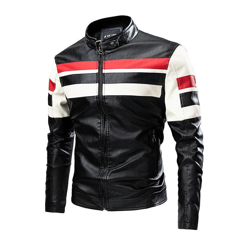 Motorcycle Stitching Leather Jacket Men Stand Collar Retro - Velora
