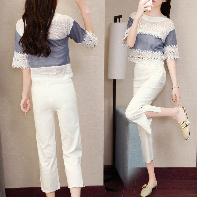 summer new female fashion suit spring and autumn fashion Korean version of temperament, slim waist waist leg pants two sets - Velora
