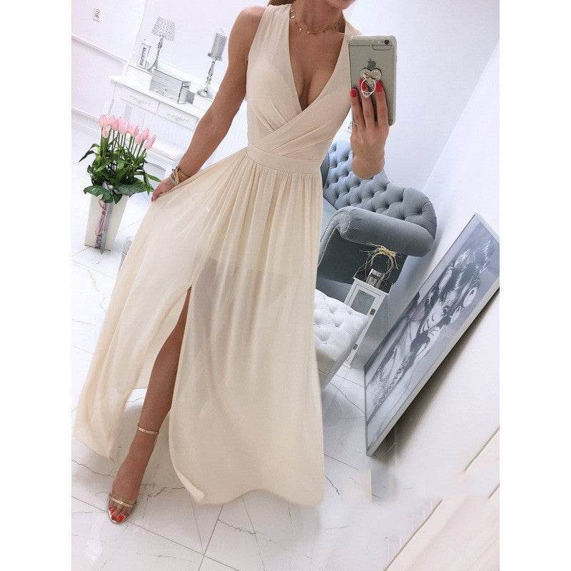 Women's Summer Sleeveless And Ankle Skirt Solid Color V-neck Front Split Long Dress - Velora