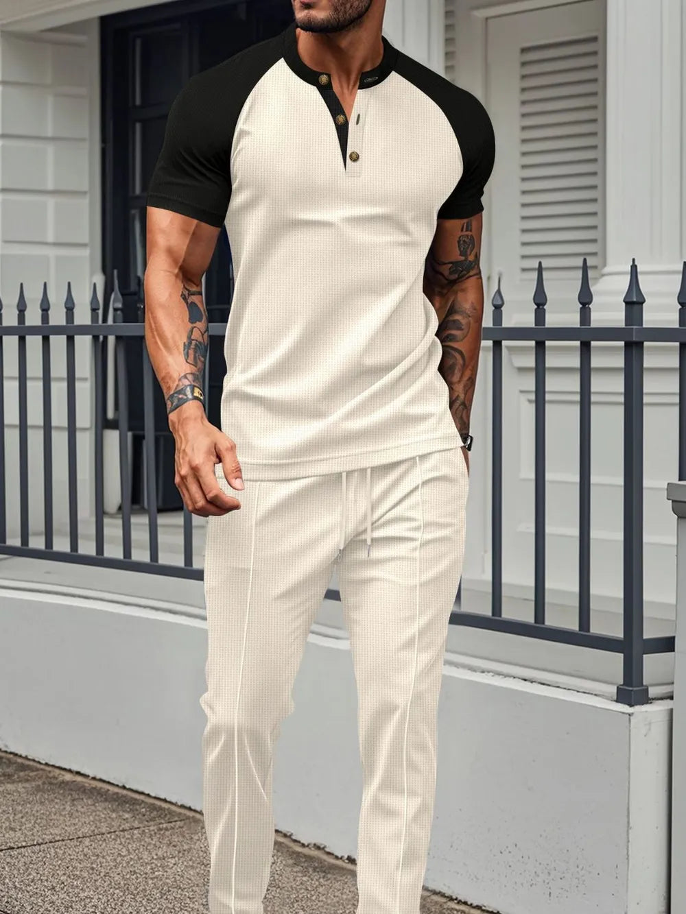 Men's Full Size Waffle-Knit Contrast Top and Drawstring Pants Set Plus Size - Velora