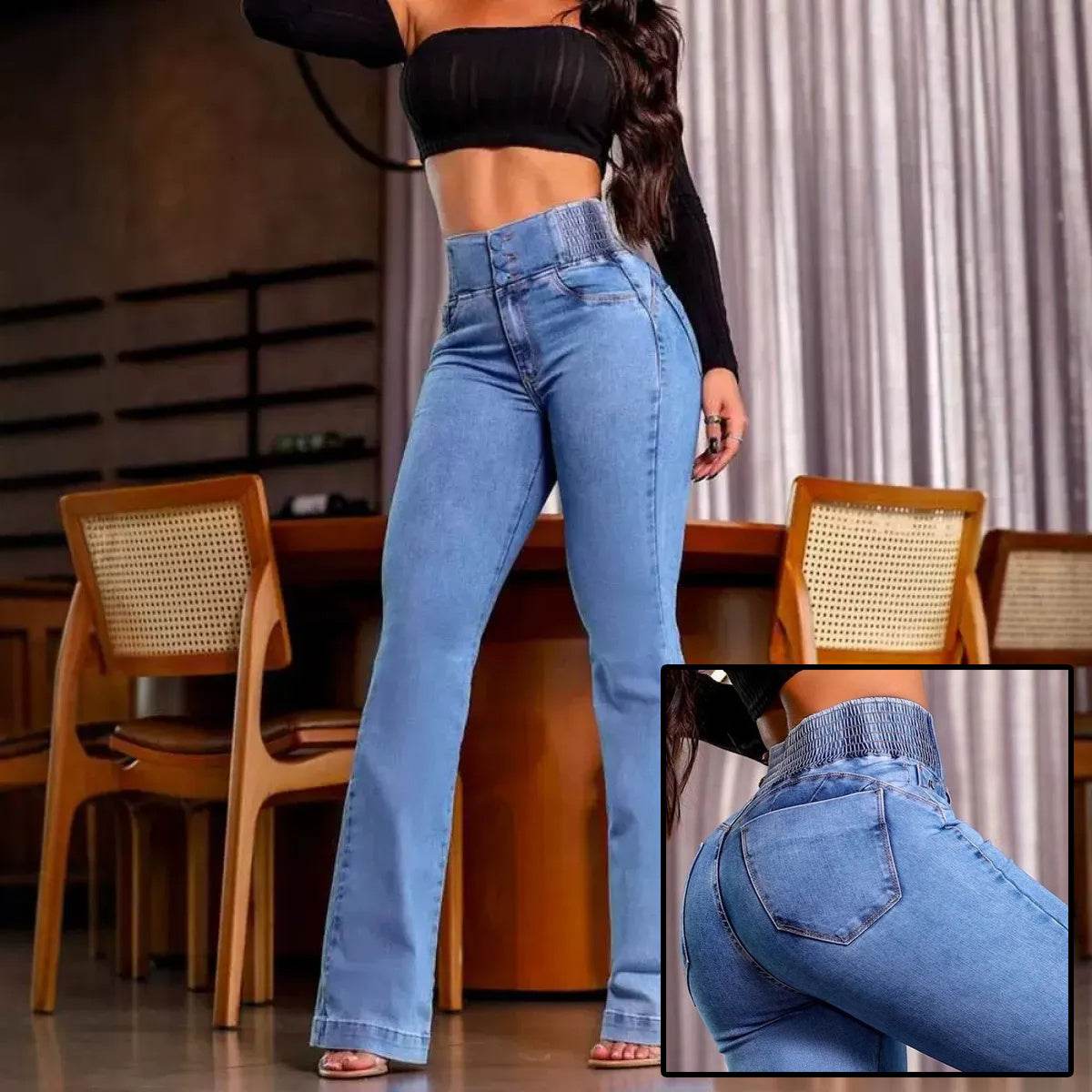 Sexy Elegant New Fashion Casual Female Trouser Bottom Back Shirred Button Front High Waist Jeans - Velora