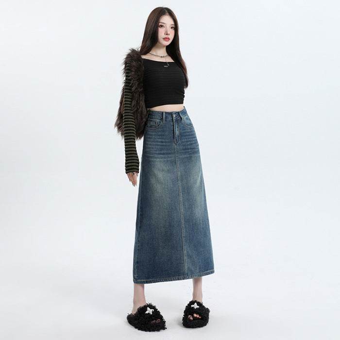 High Waisted Denim Skirt Long Cotton Solid Style - Velora