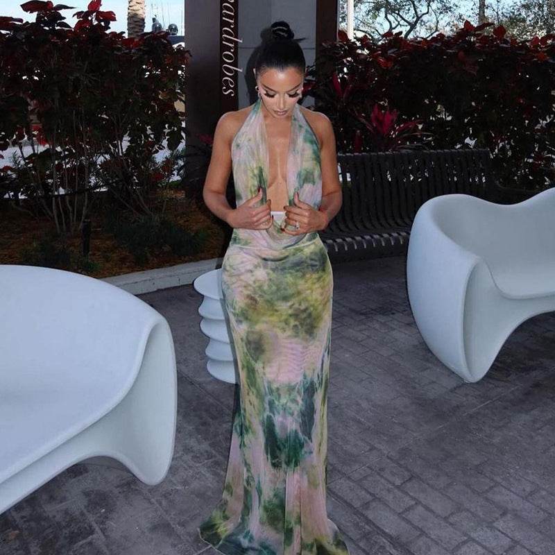 2pcs Tie Dye Printing Deep V-neck Suits Fashion Halter Backless Long Dresses For Beach Party Womens Clothing - Velora