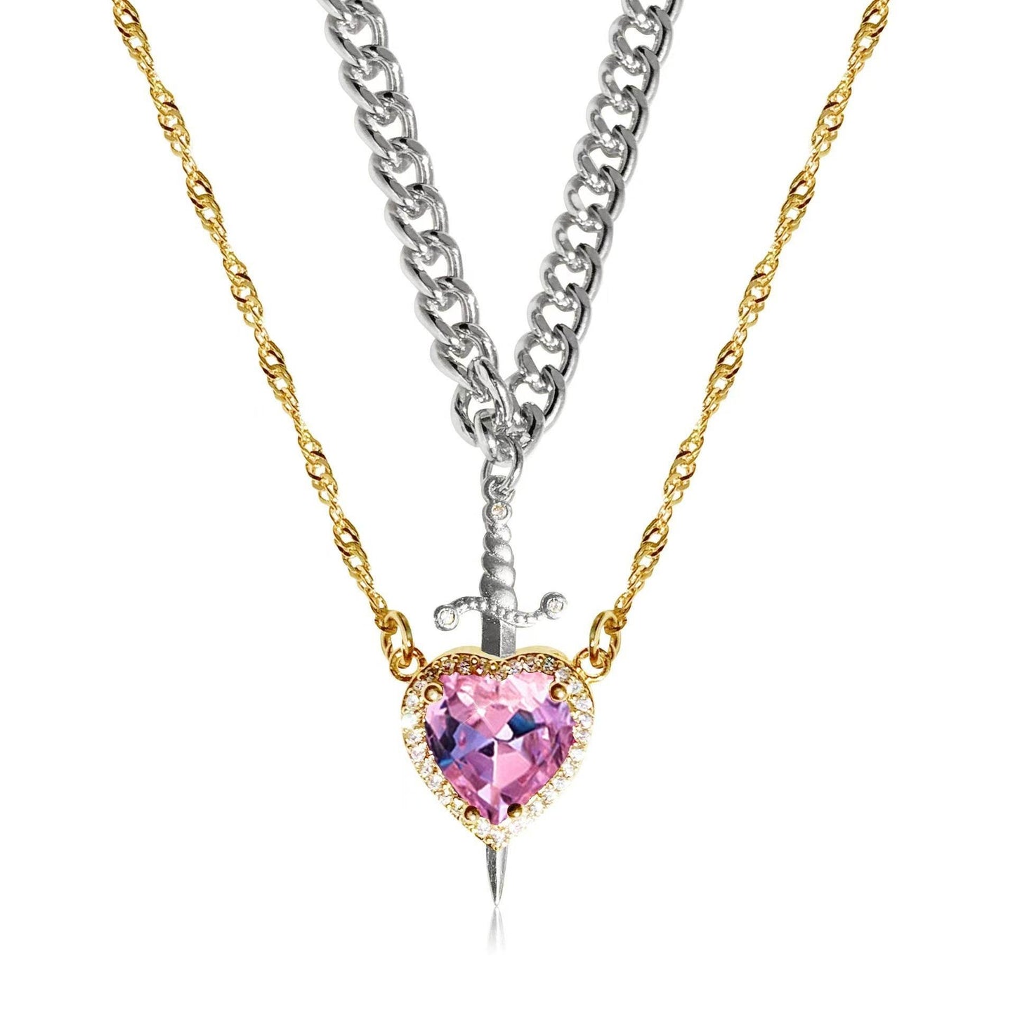 New Heart And Sword Necklace Set Gold Color Stainless Steel Crystal Couple Necklaces For Women Men Boyfriend Girlfriend Gifts - Velora