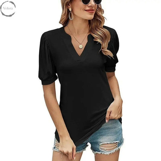 Casual V-neck Solid Color Puff Sleeve Loose T-shirt For Women - Velora