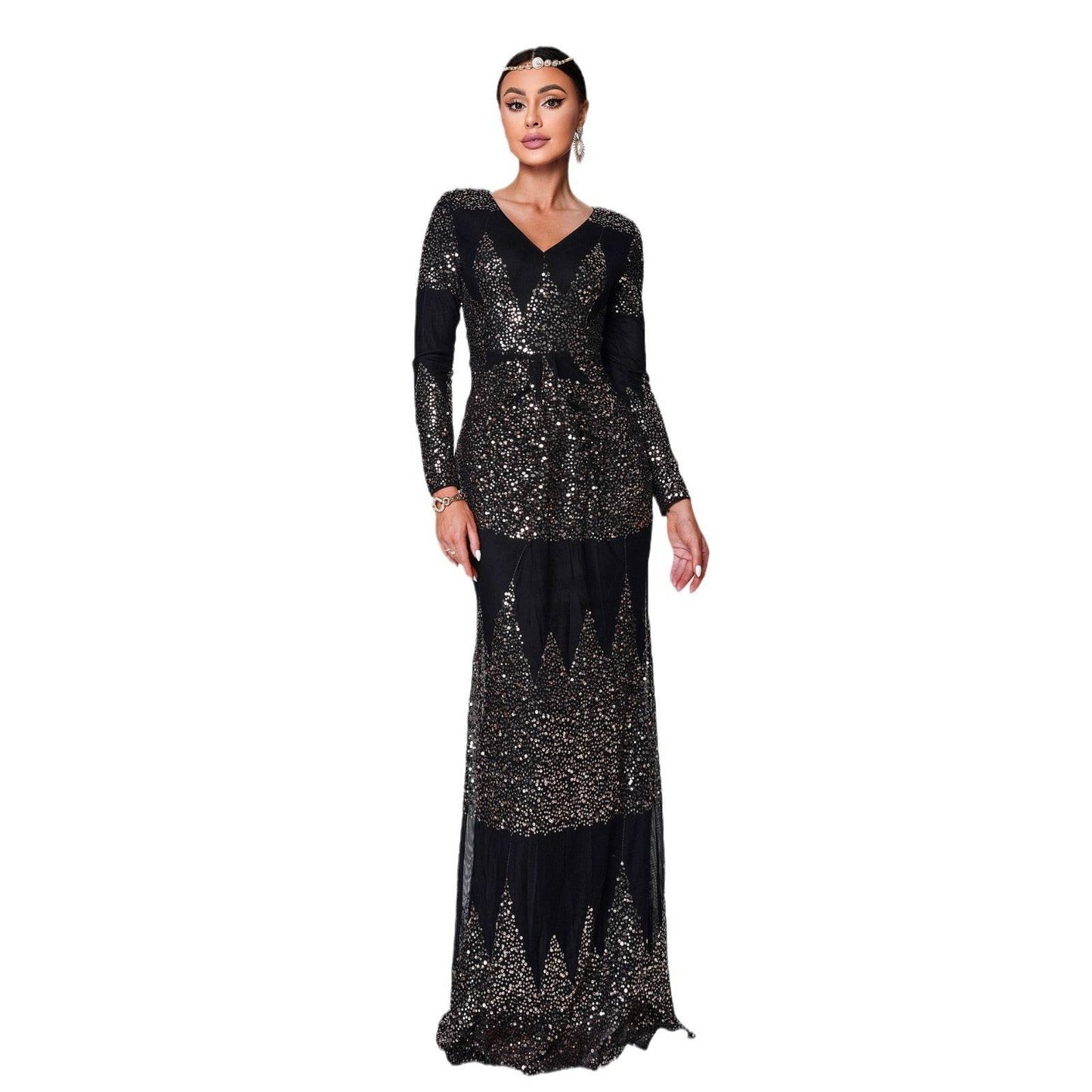 Long Sleeve V-neck Sexy Slim-fit Long Sequined Banquet Evening Dress - Velora