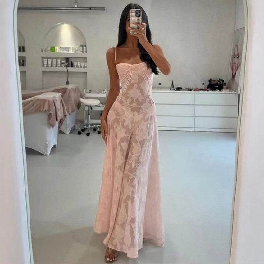 Sexy Flowers Lace Suspender Dress Summer Fashion Slim Back Lace-up Long Dresses Party Evening Club Clothing For Women - Velora