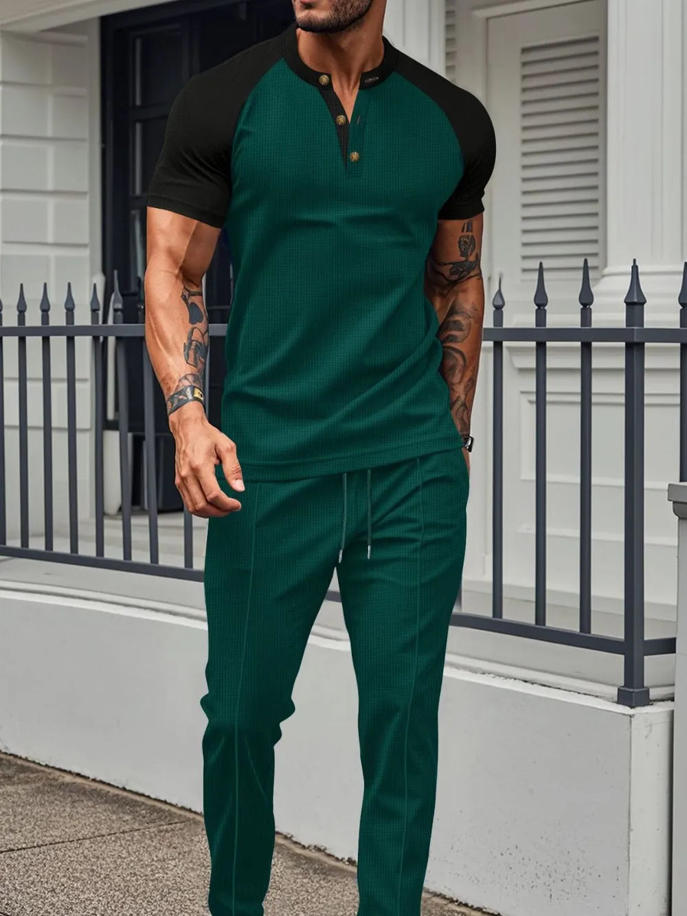 Men's Full Size Waffle-Knit Contrast Top and Drawstring Pants Set Plus Size - Velora