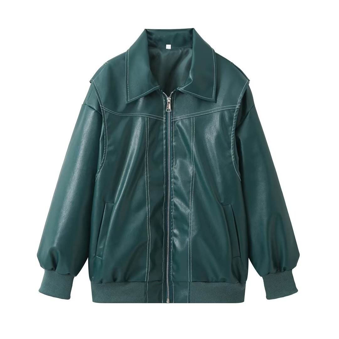 Loose Fashion Lapel Zip-up Jacket Cool Long Sleeve Zipper Closure Moto Biker Leather Jacket Womens Clothing - Velora