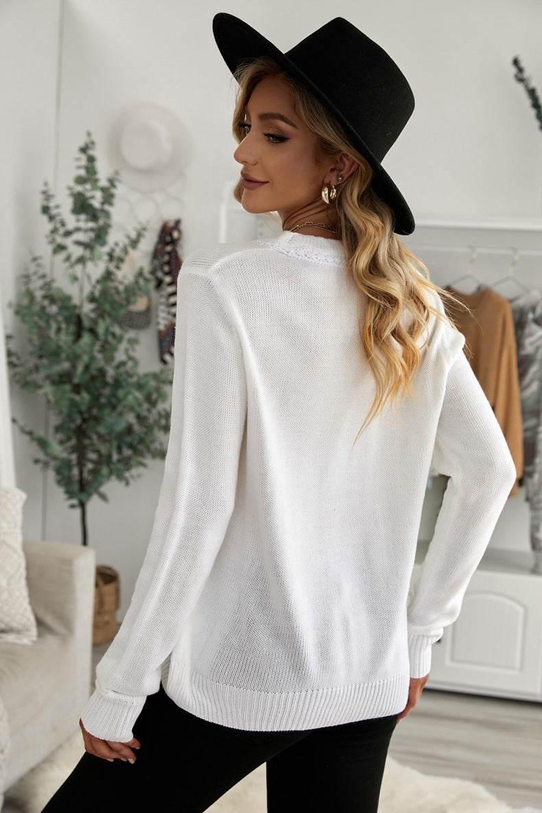 Pure Color Casual Single-breasted V-neck Pullover Sweater - Velora