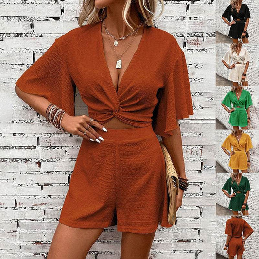 Fashion Loose Suits For Women V-neck Ruffle Sleeve Short-sleeved Top And Shorts Summer Two-piece Set Clothing - Velora