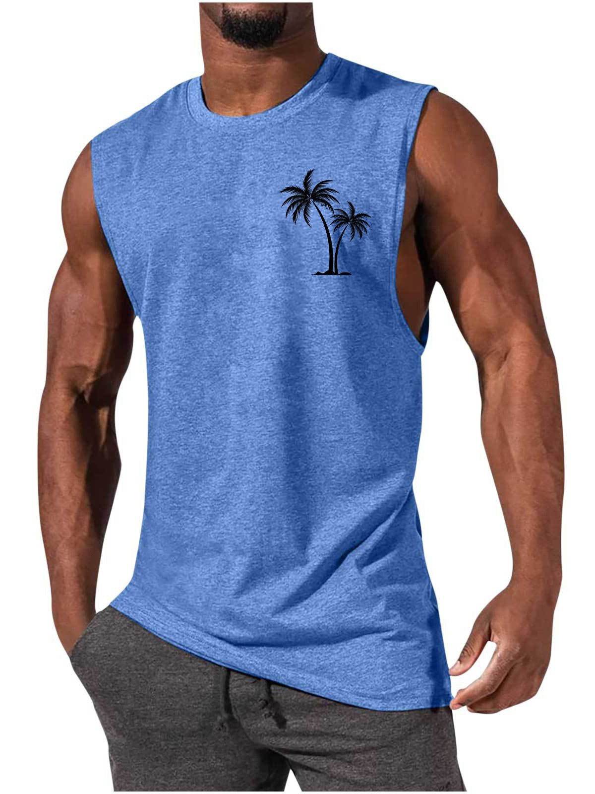 Coconut Tree Embroidery Vest Summer Beach Tank Tops Workout Muscle Men Sports Fitness T-shirt - Velora