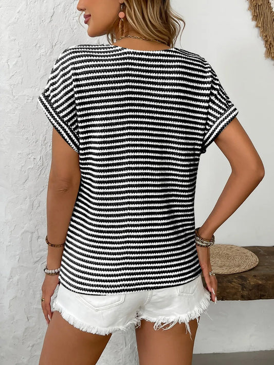 Striped V-Neck Short Sleeve T-Shirt - Velora