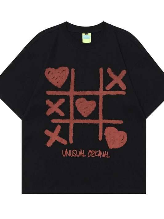 Men's Tic Tac Toe Heart Pattern Round Neck T-Shirt - Velora
