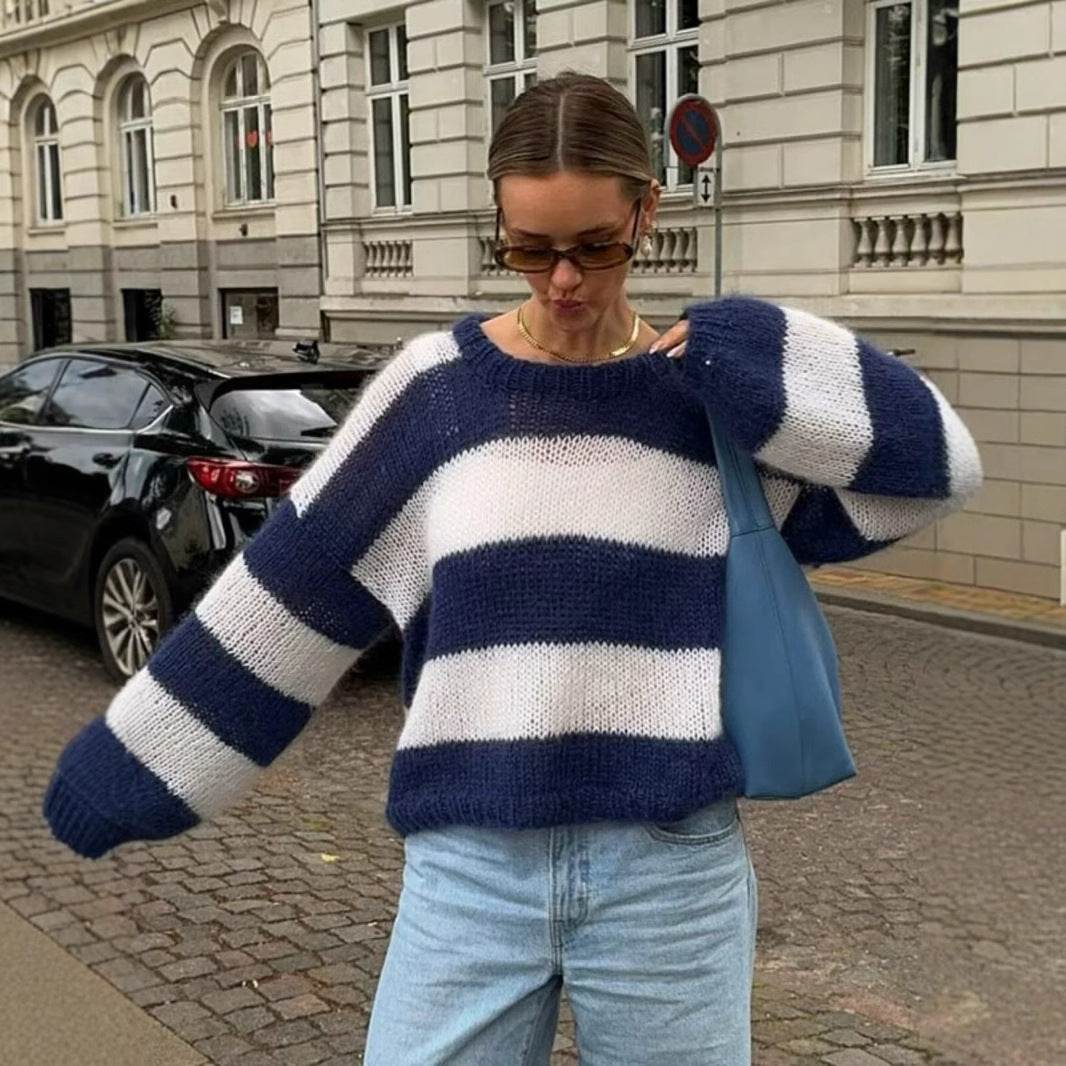 Women's Round Neck Long Sleeve Striped Sweater Top - Velora