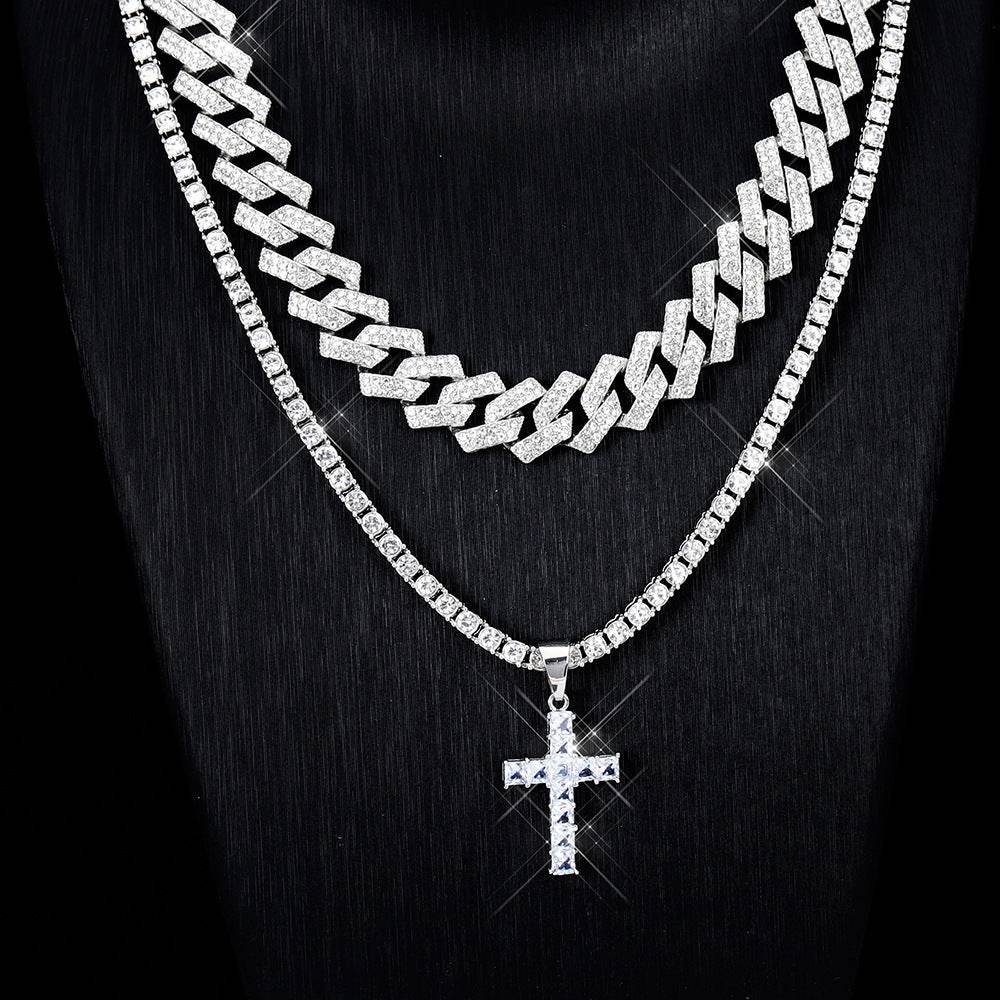 Zircon Cross Pendant Necklace Hip Hop Full Miami Curb Cuban Chain Iced Out Paved Rhinestones Bling Rapper Necklaces For Men Men's And Women's Clavicle Chain Jewelry - Velora