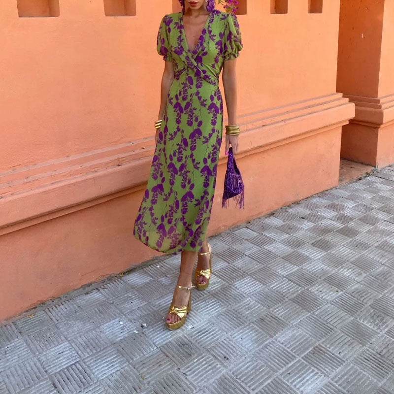 Summer V-neck Short-sleeved Dress Fashion Flowers Printed Slim Beach Dresses For Women Clothing - Velora